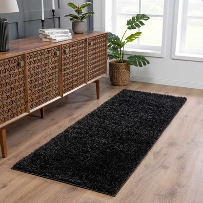 Faina Solid Black Shag Washable Area Rug