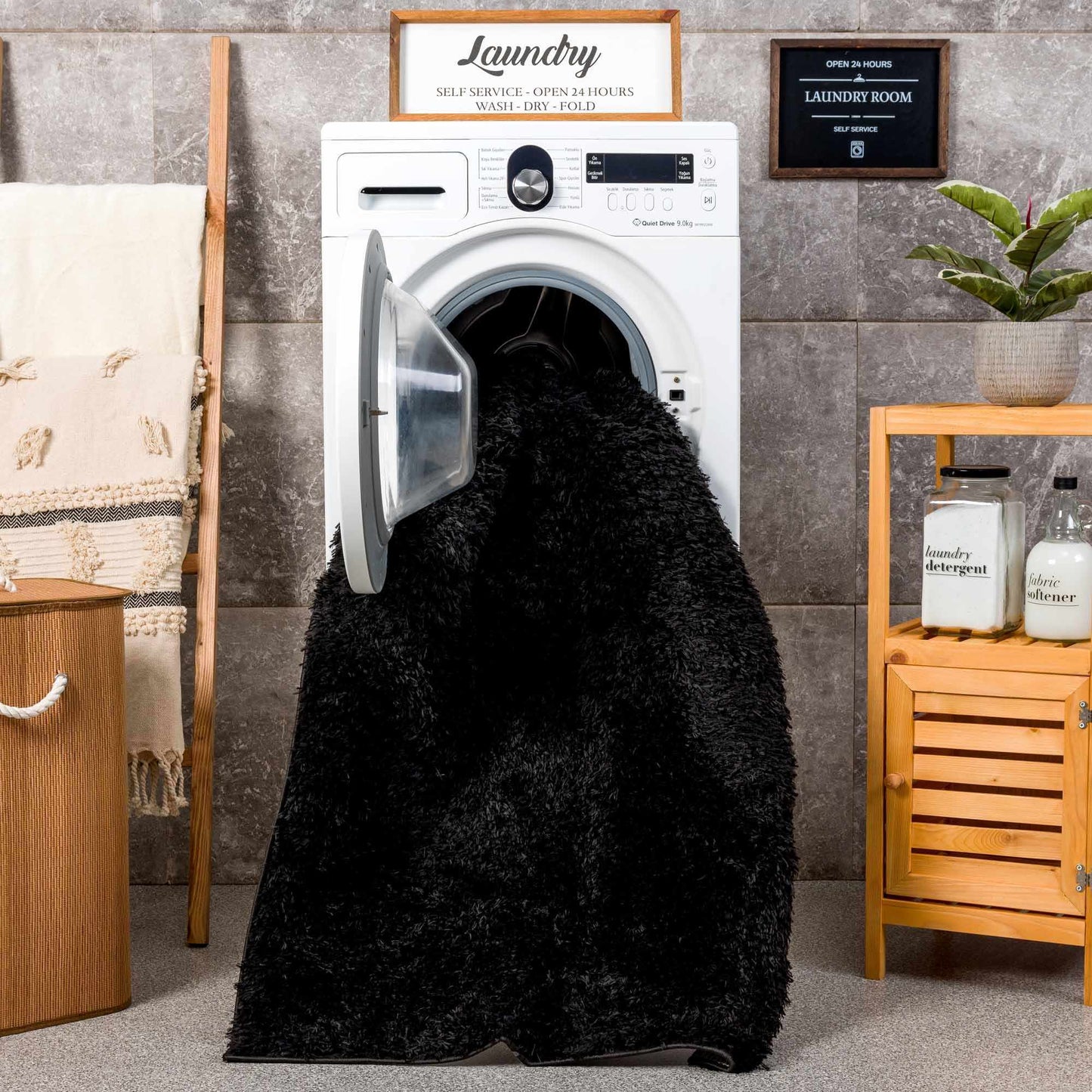 Faina Solid Black Shag Washable Area Rug