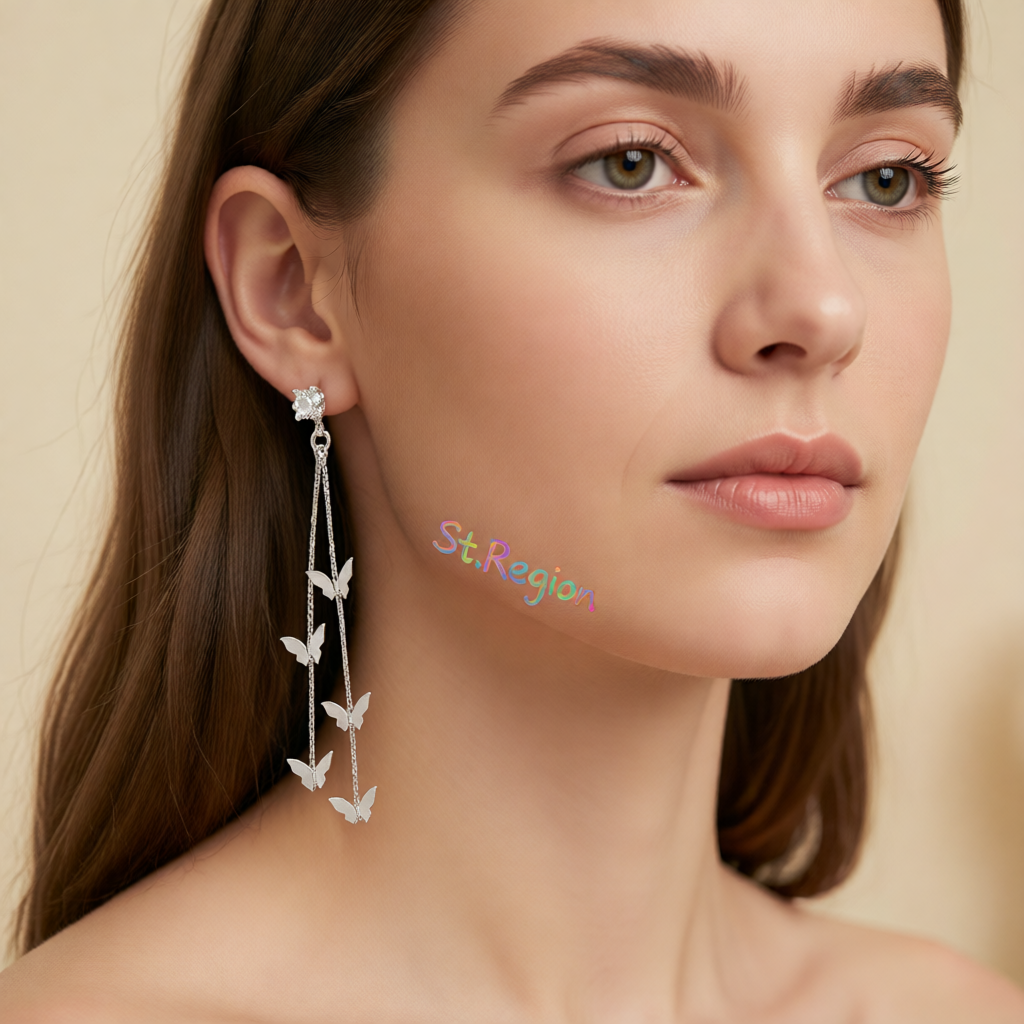 Cubic Zirconia & Silvertone Butterfly Double-Strand Drop Earrings