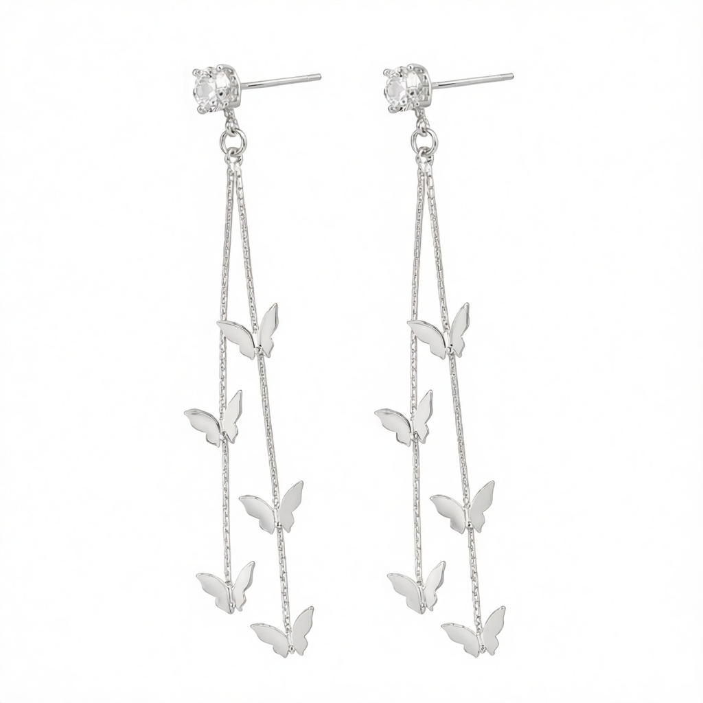 Cubic Zirconia & Silvertone Butterfly Double-Strand Drop Earrings