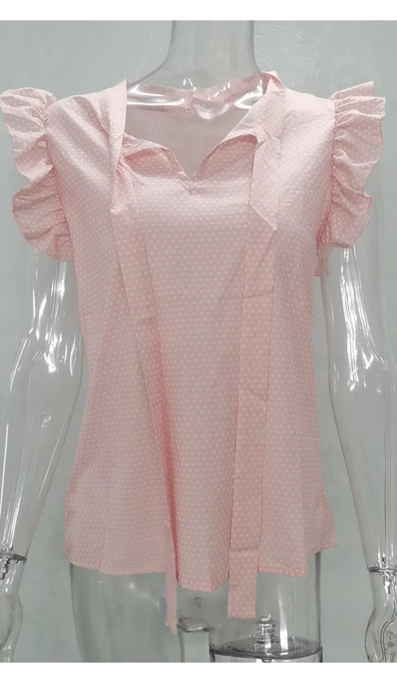 Women Summer Elegant Ruffles Sleeveless Polka Pot Lace Up Tie Bow Blouses and Shirts Casual Oversize Tops Pullover Tunic 2026