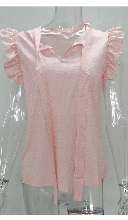 Women Summer Elegant Ruffles Sleeveless Polka Pot Lace Up Tie Bow Blouses and Shirts Casual Oversize Tops Pullover Tunic 2026