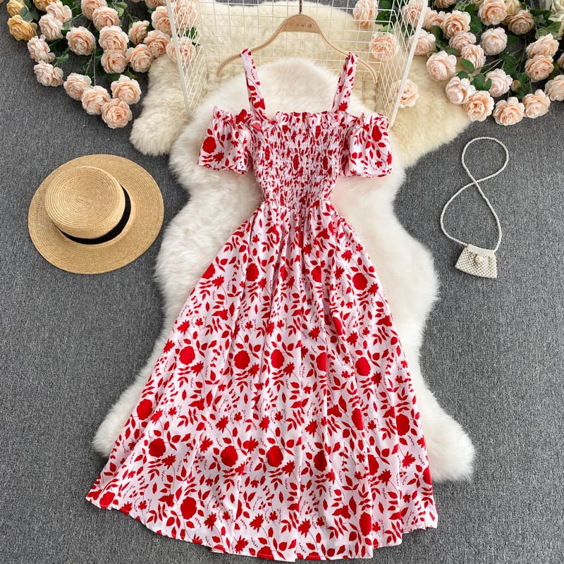 Summer 2026 Midi Dress Women Casual Off Shoulder Short Sleeve Vacation Beach Robe Female Clothing
