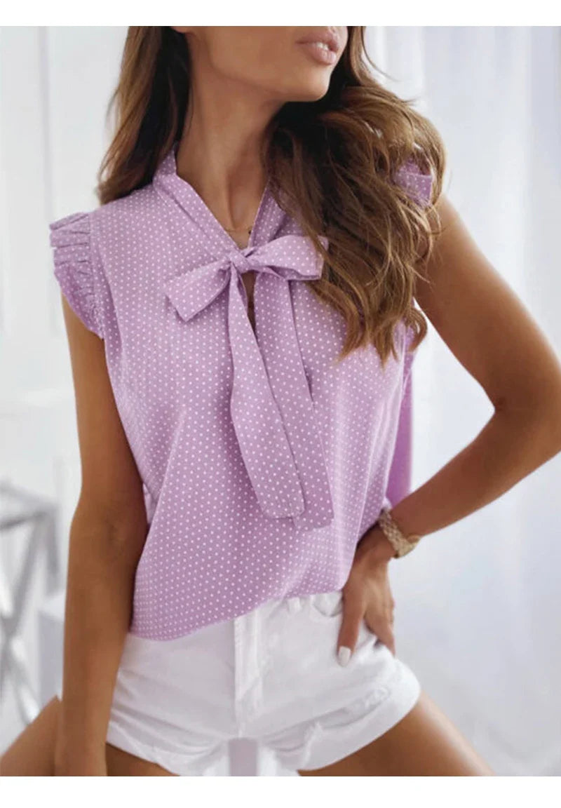 Women Summer Elegant Ruffles Sleeveless Polka Pot Lace Up Tie Bow Blouses and Shirts Casual Oversize Tops Pullover Tunic 2026