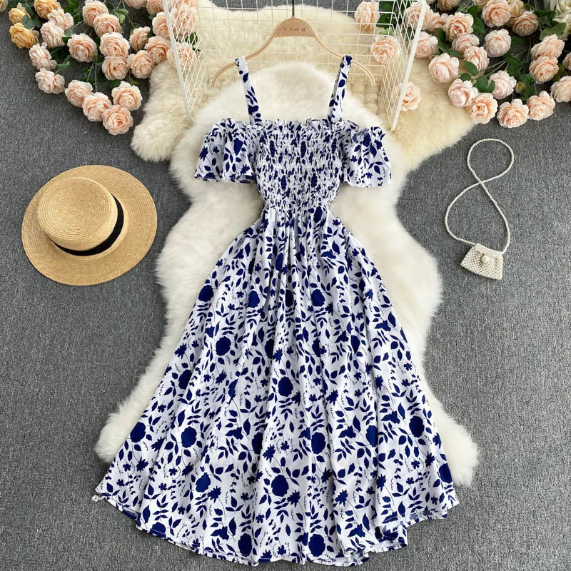 Summer 2026 Midi Dress Women Casual Off Shoulder Short Sleeve Vacation Beach Robe Female Clothing