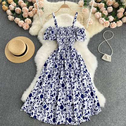 Summer 2026 Midi Dress Women Casual Off Shoulder Short Sleeve Vacation Beach Robe Female Clothing
