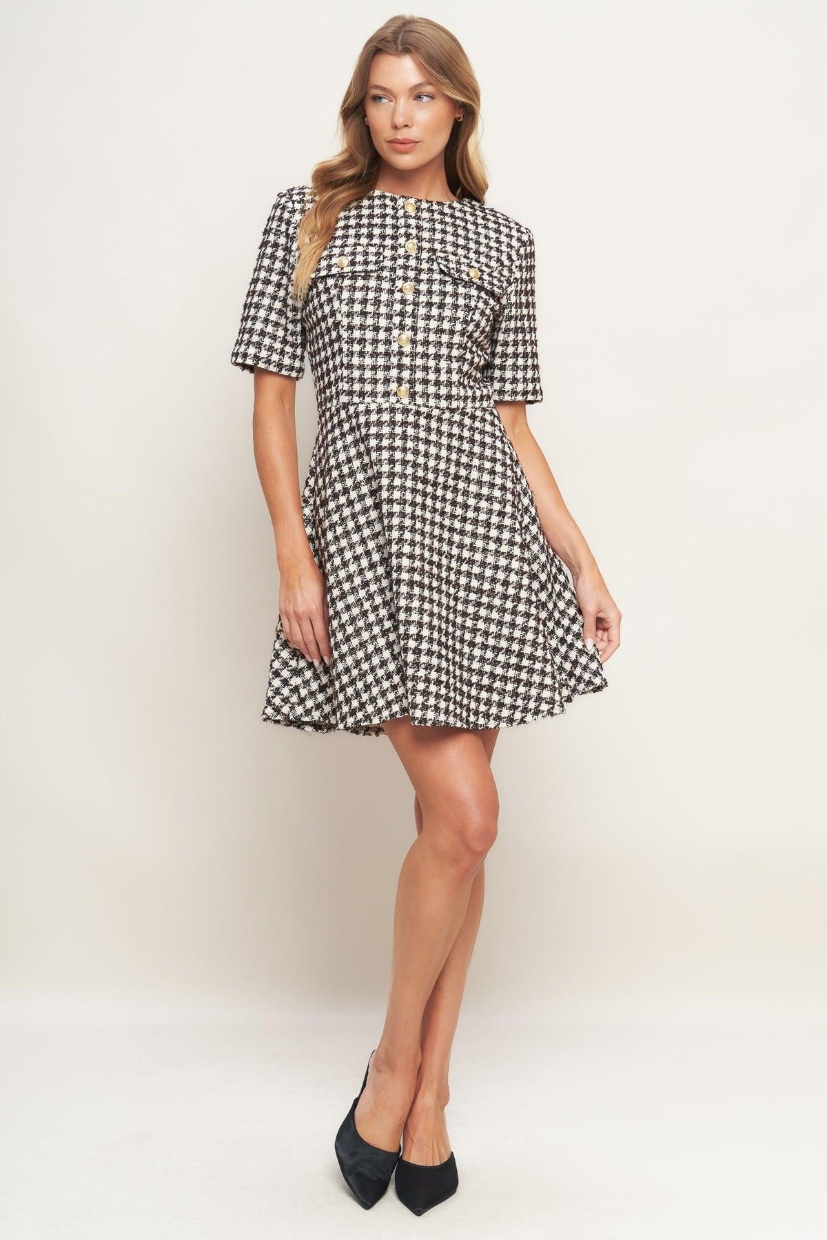 Elegant Check Tweed Mini Dress