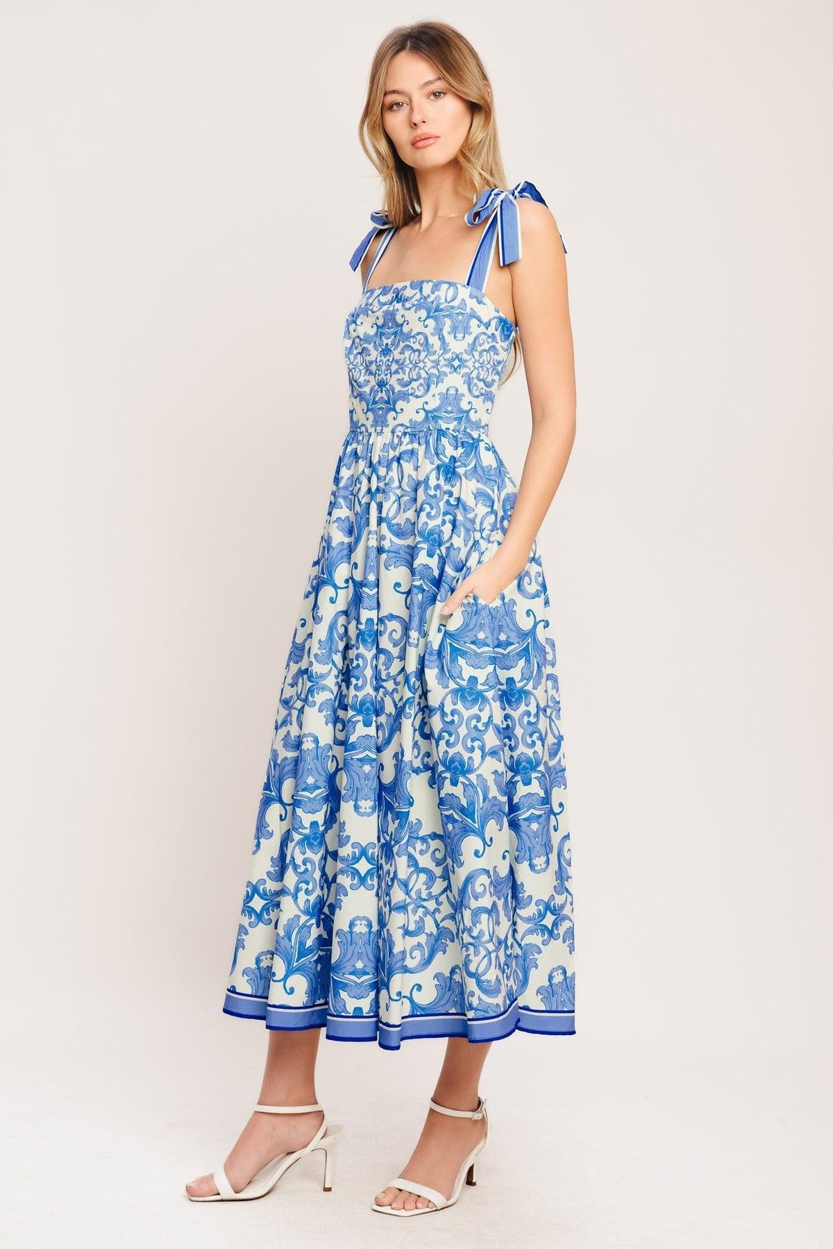 Azure Scroll Woven Midi Dress