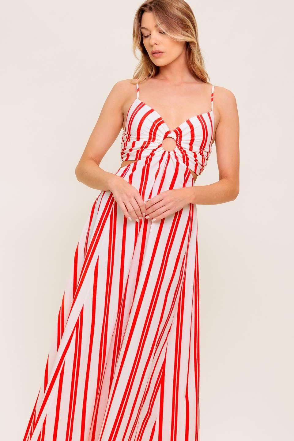 Dream Petals Red Stripe Woven Ankle Dress