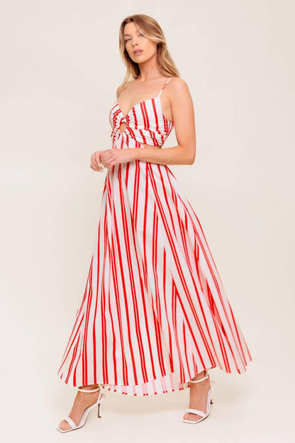 Dream Petals Red Stripe Woven Ankle Dress