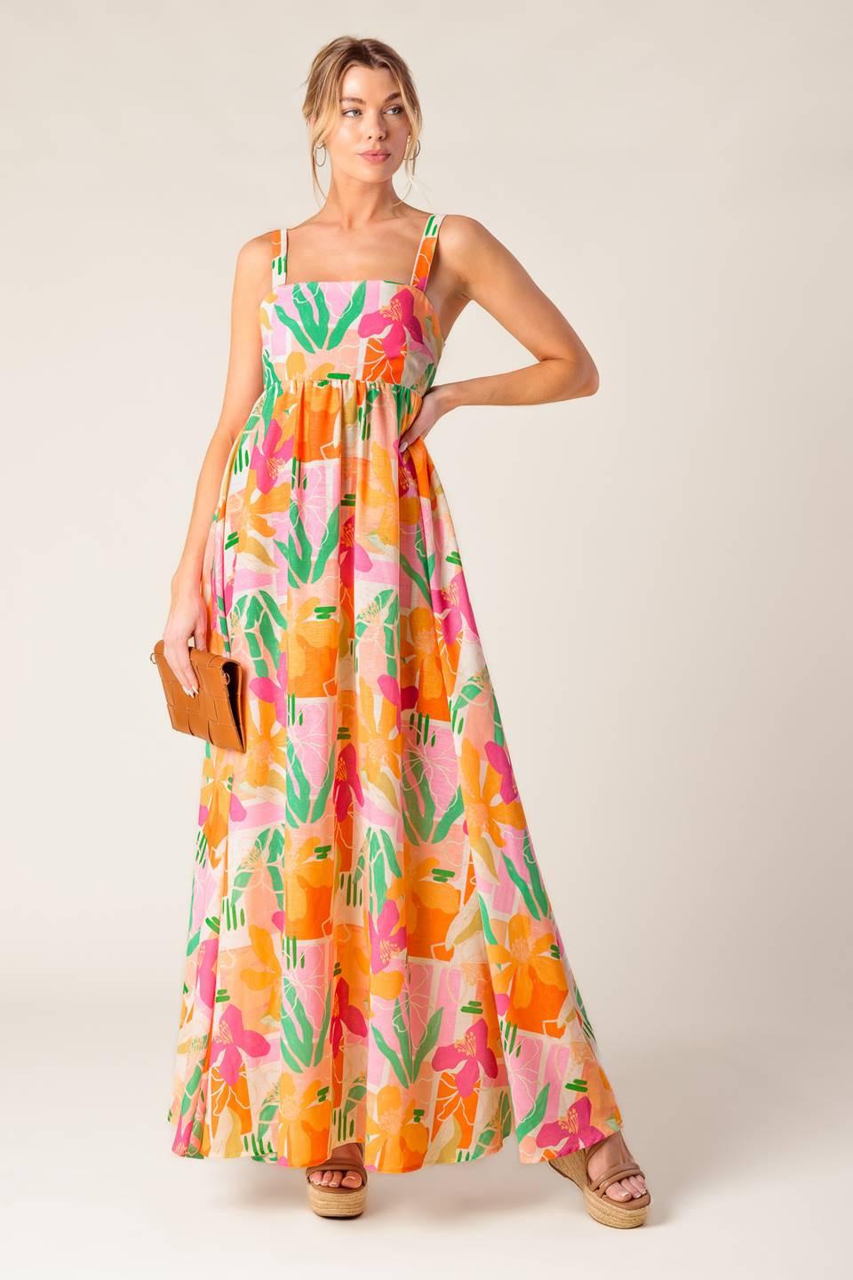 Bon Voyage Pink Orange Woven Maxi Dress