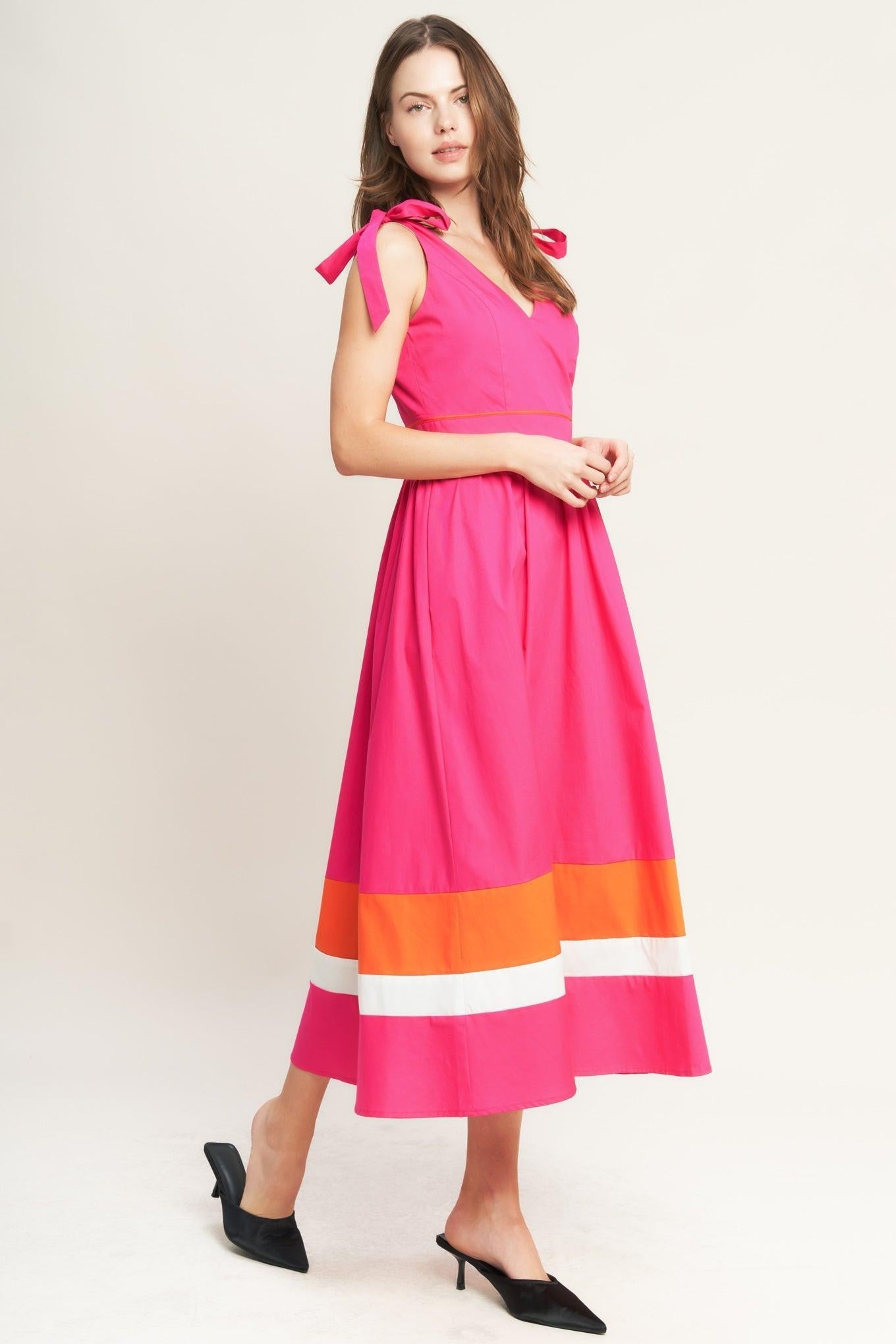 Forest Charm Fuchsia Orange Woven Midi Dress