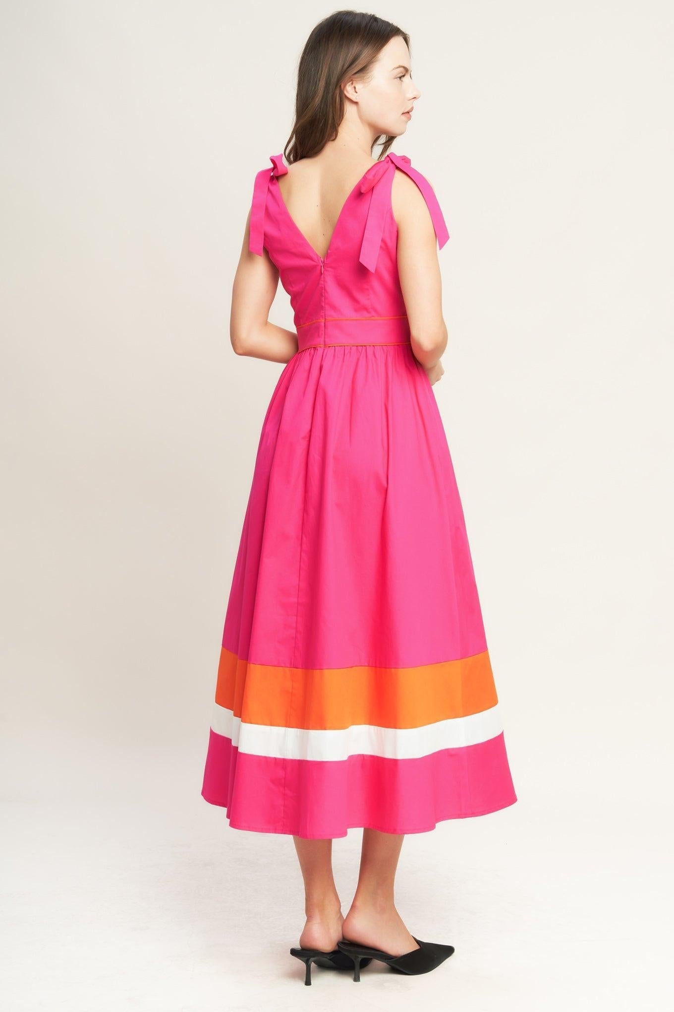 Forest Charm Fuchsia Orange Woven Midi Dress