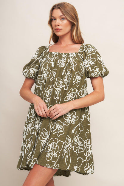 Botanical Outline Woven Mini Dress