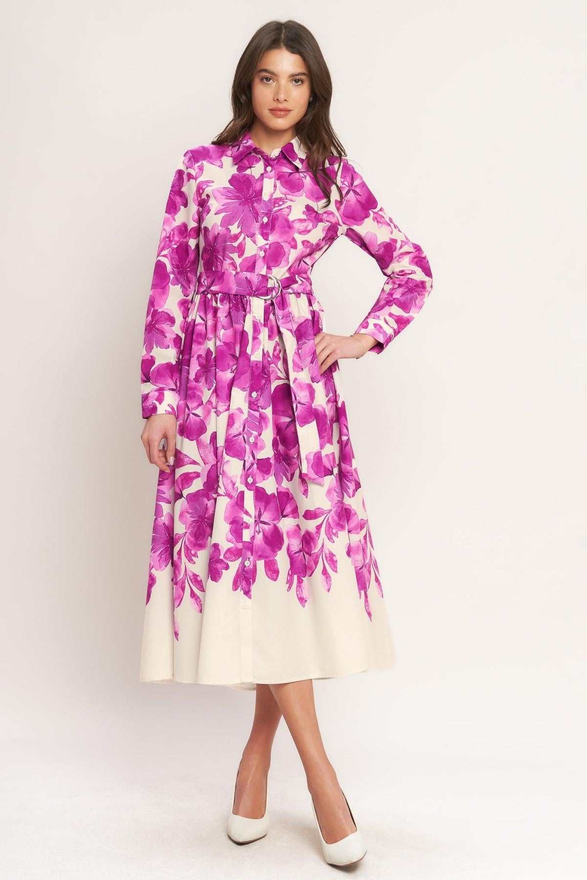 Berry Petal Woven Midi Shirt Dress