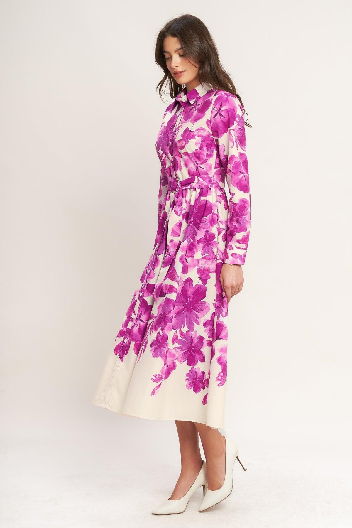 Berry Petal Woven Midi Shirt Dress