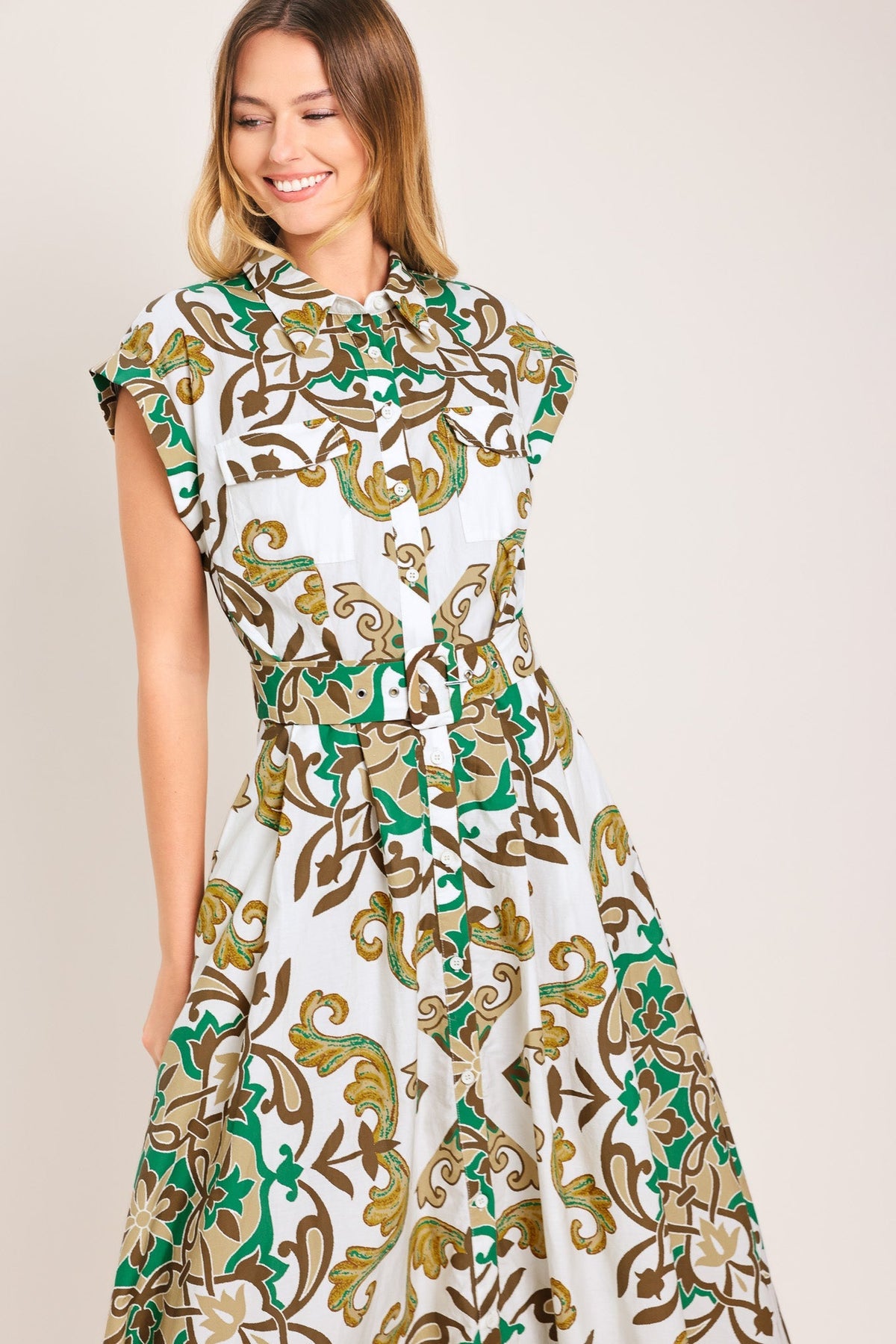 Emerald Ornate Woven Midi Shirt Dress