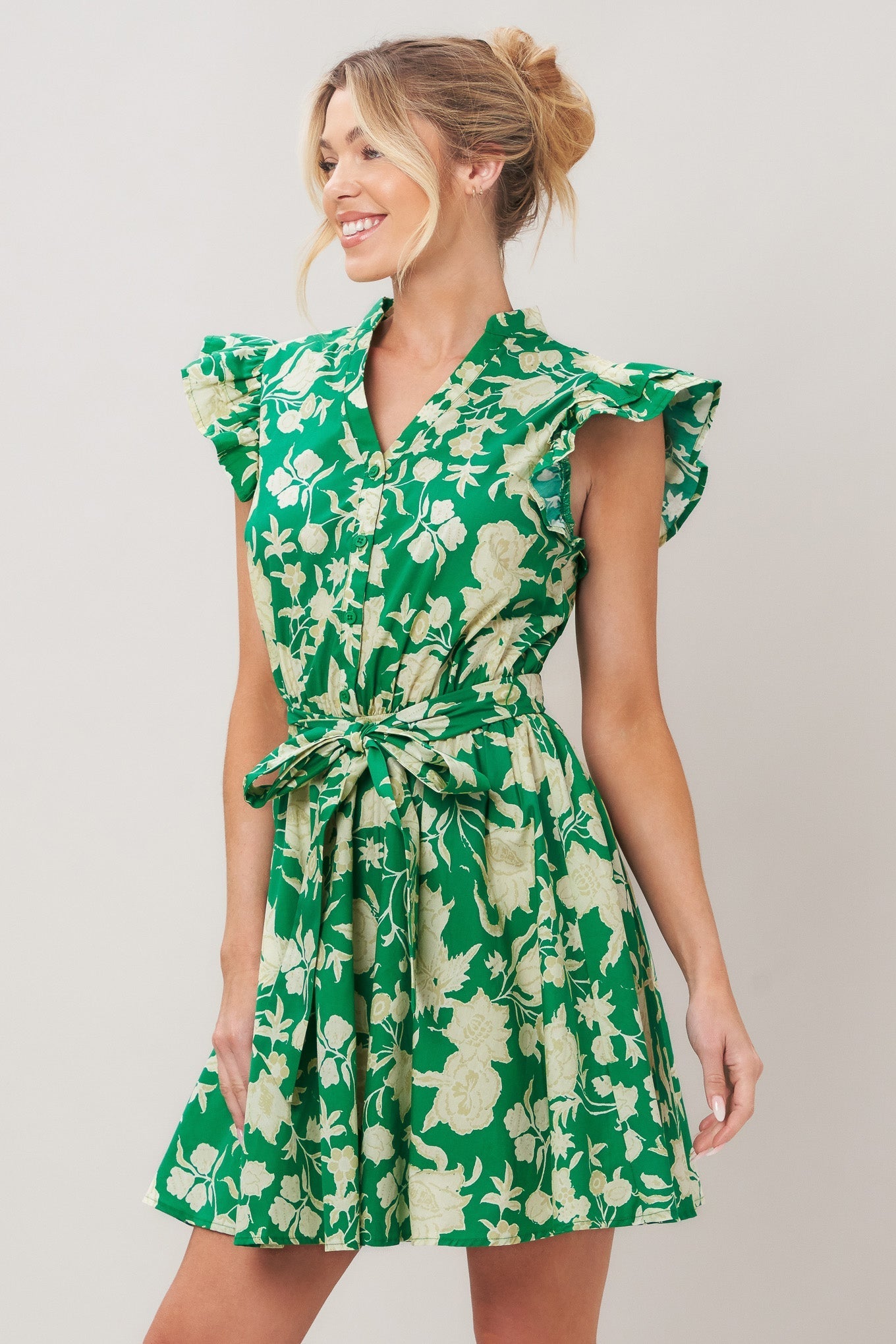 Emerald Bloom Woven Mini Dress