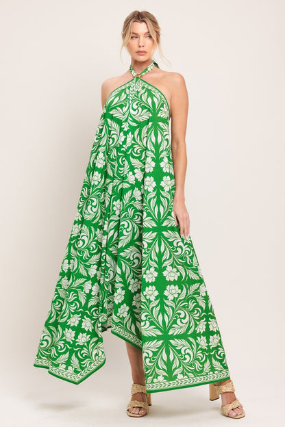 Emerald Bloom Woven Midi Scarf Dress