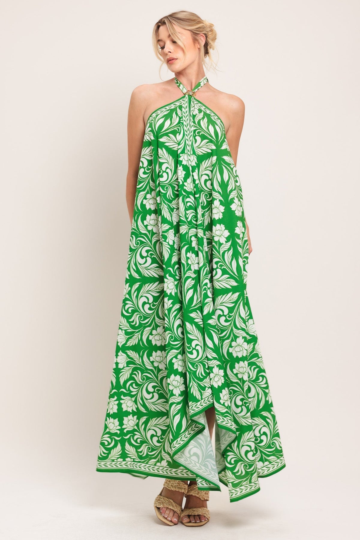 Emerald Bloom Woven Midi Scarf Dress