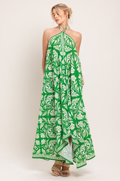 Emerald Bloom Woven Midi Scarf Dress