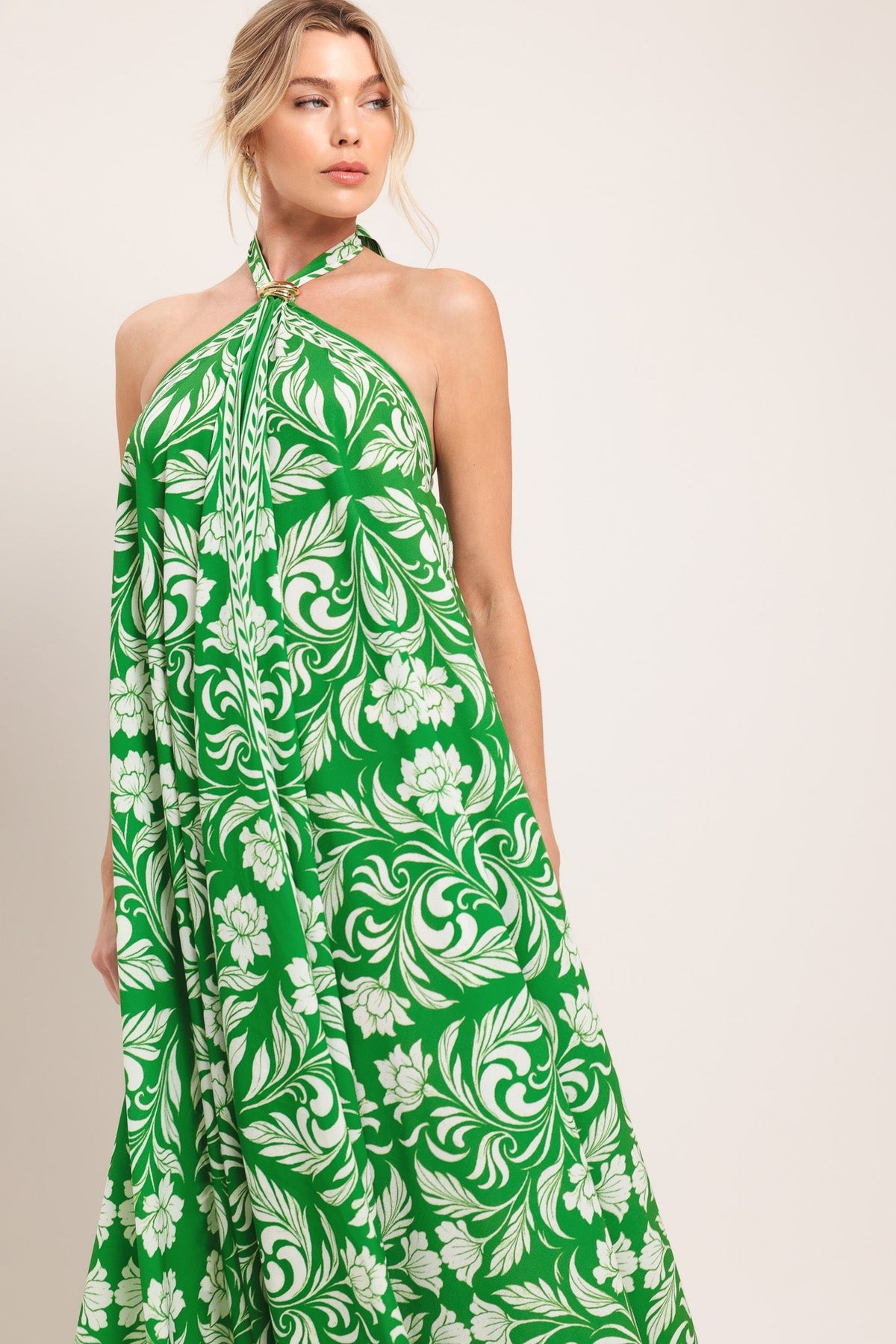 Emerald Bloom Woven Midi Scarf Dress