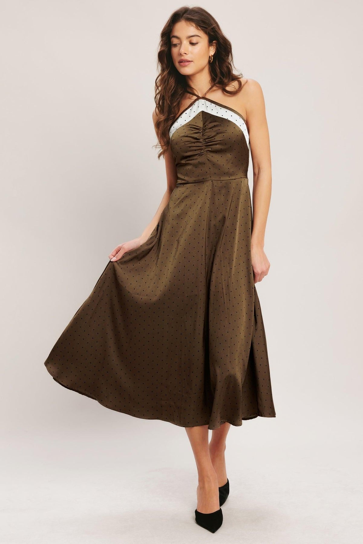 Espresso Chic Woven Satin Midi Dress