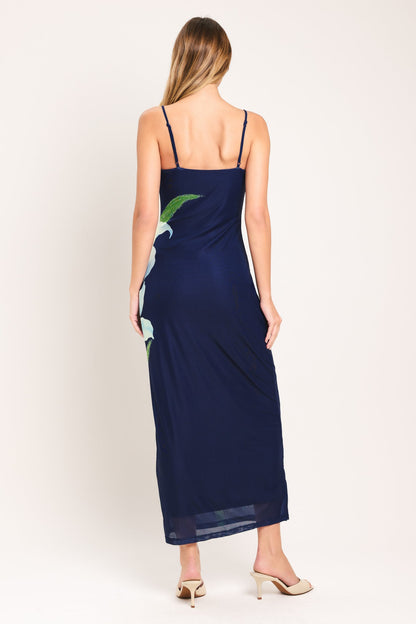 Deep Bloom Power Mesh Midi Dress