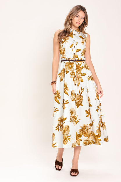 Golden Petals Woven Midi Dress