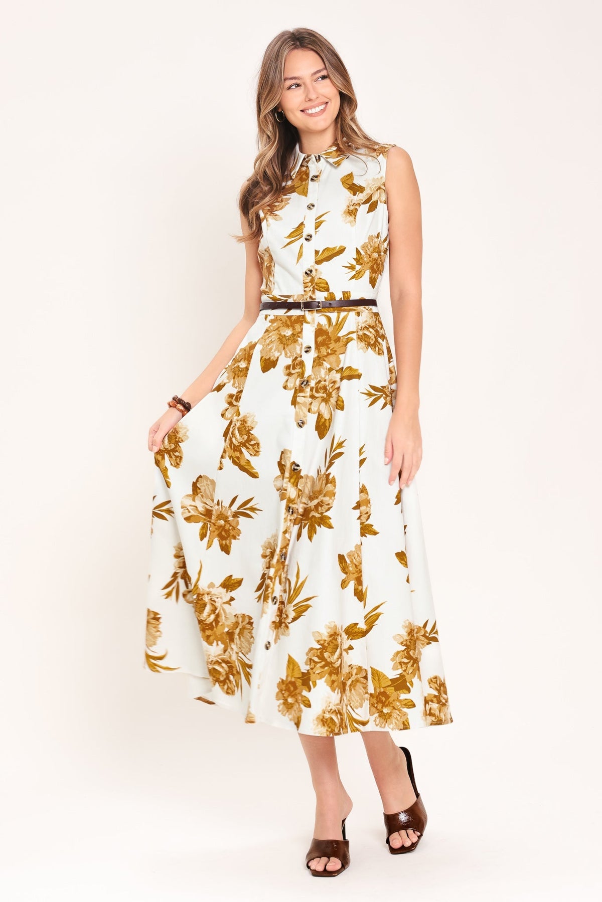 Golden Petals Woven Midi Dress