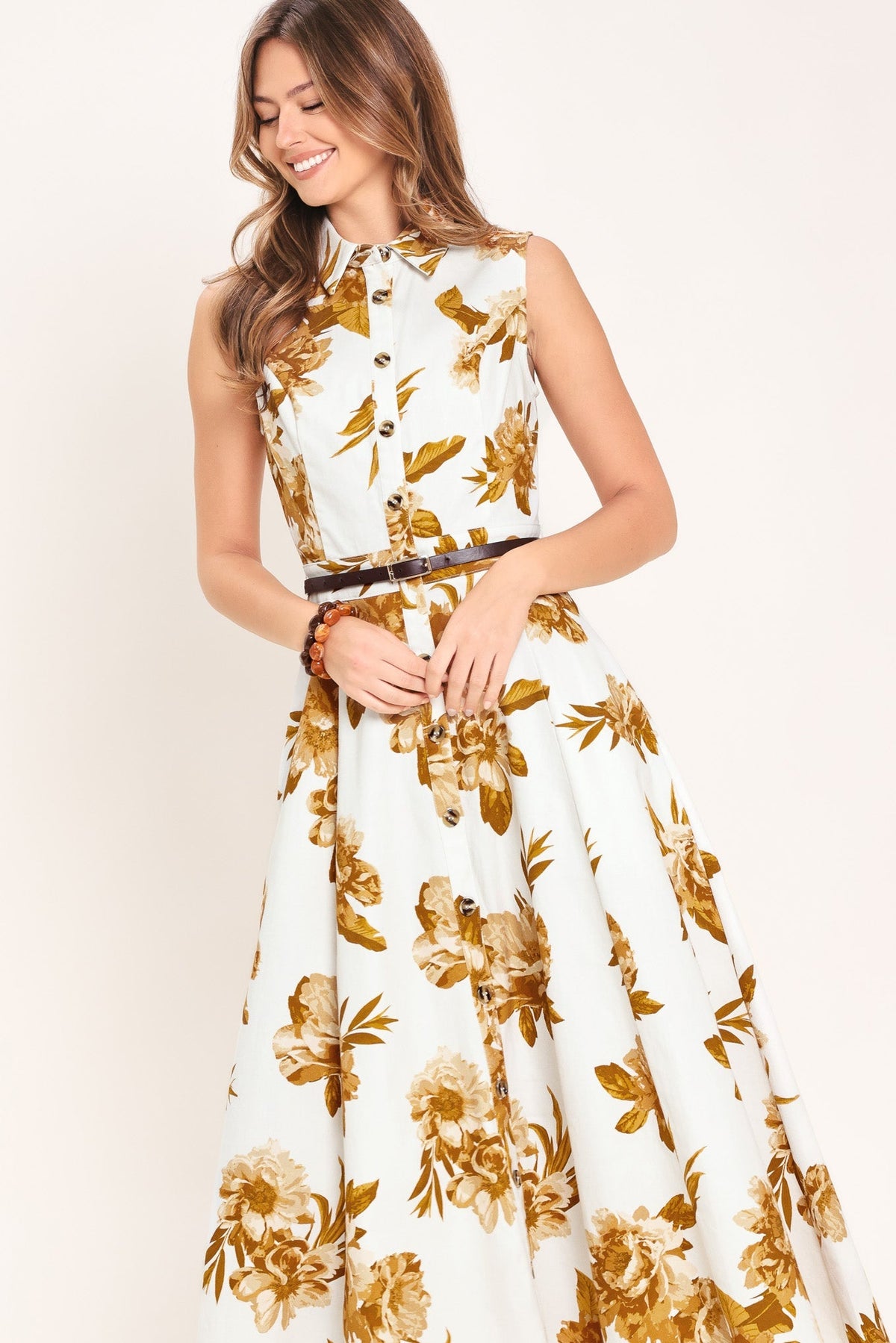 Golden Petals Woven Midi Dress