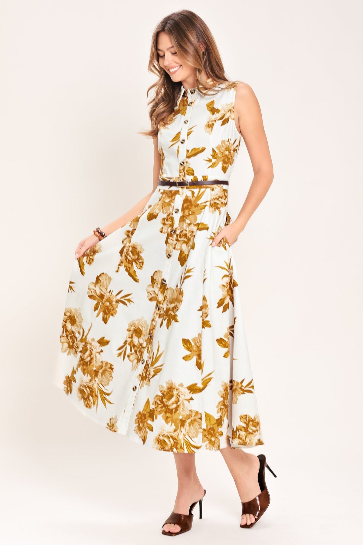 Golden Petals Woven Midi Dress