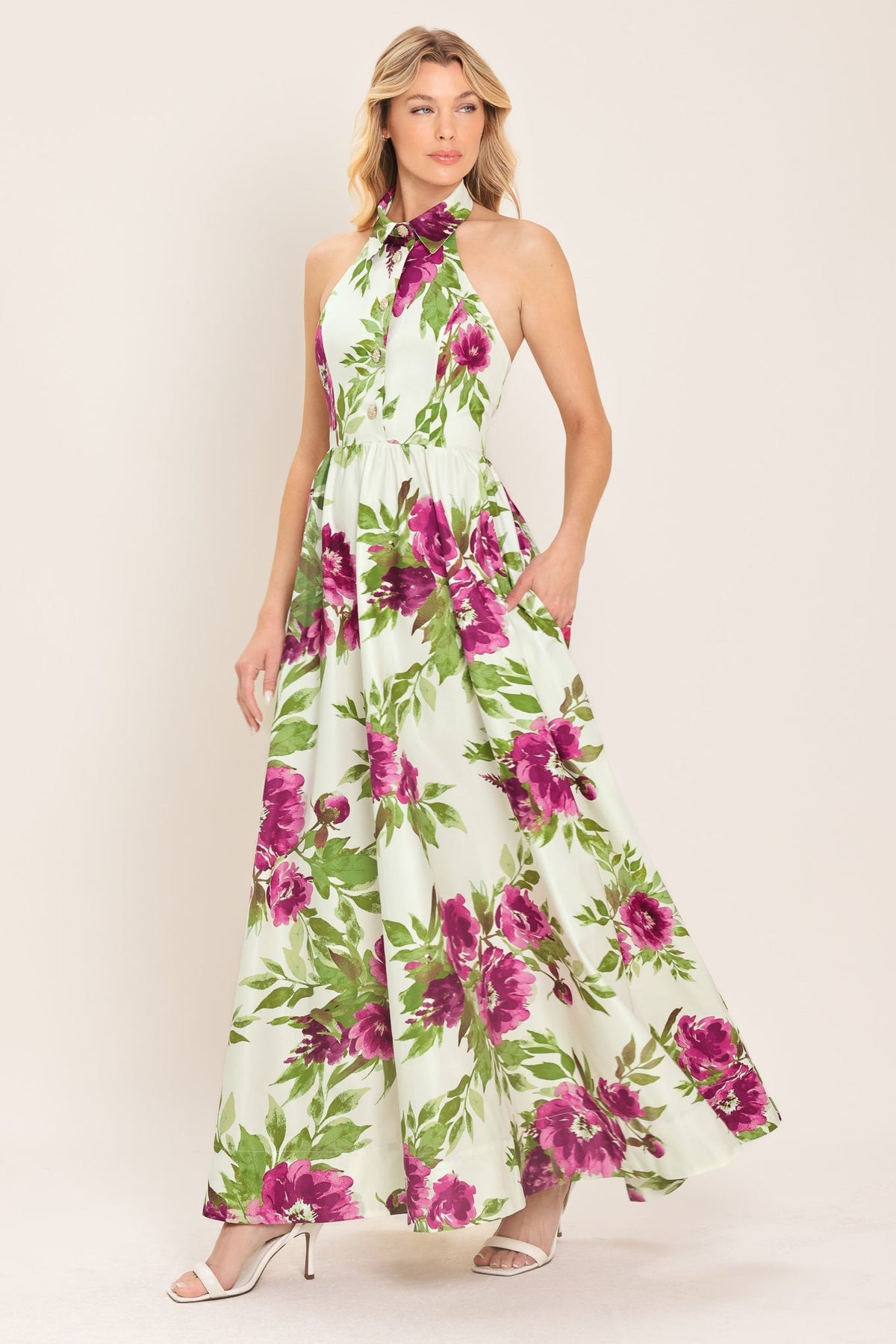 Fuchsia Rose Halter Woven Maxi Dress