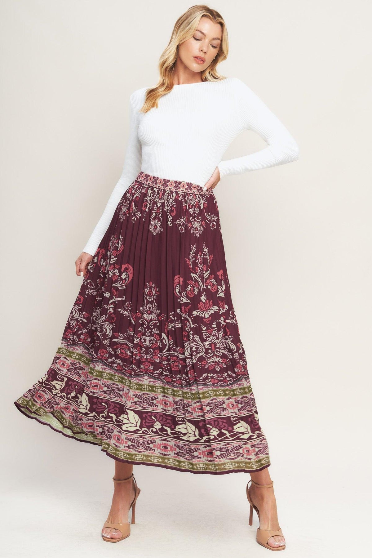 Aztec Cherry Woven Midi Skirt