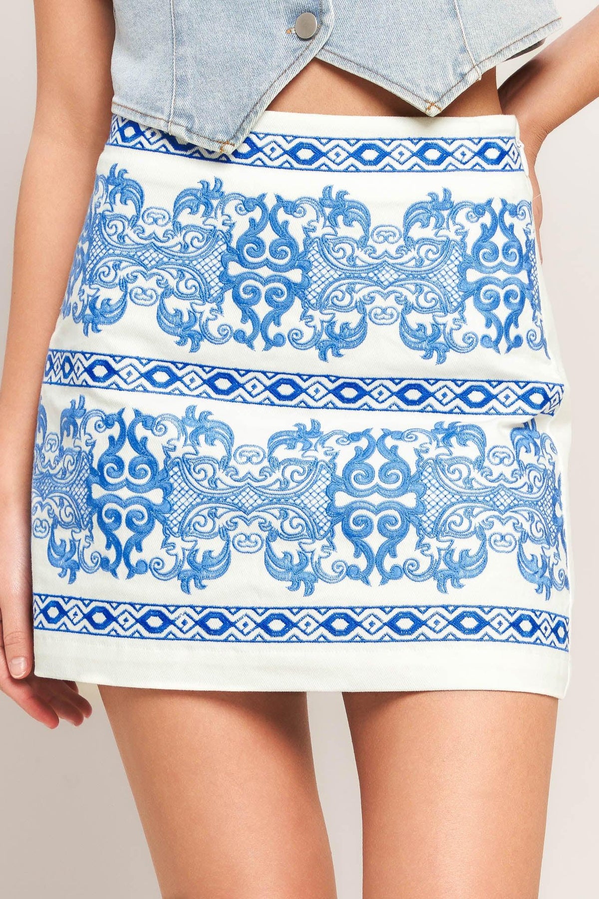 Blue Porcelain Woven Mini Skirt