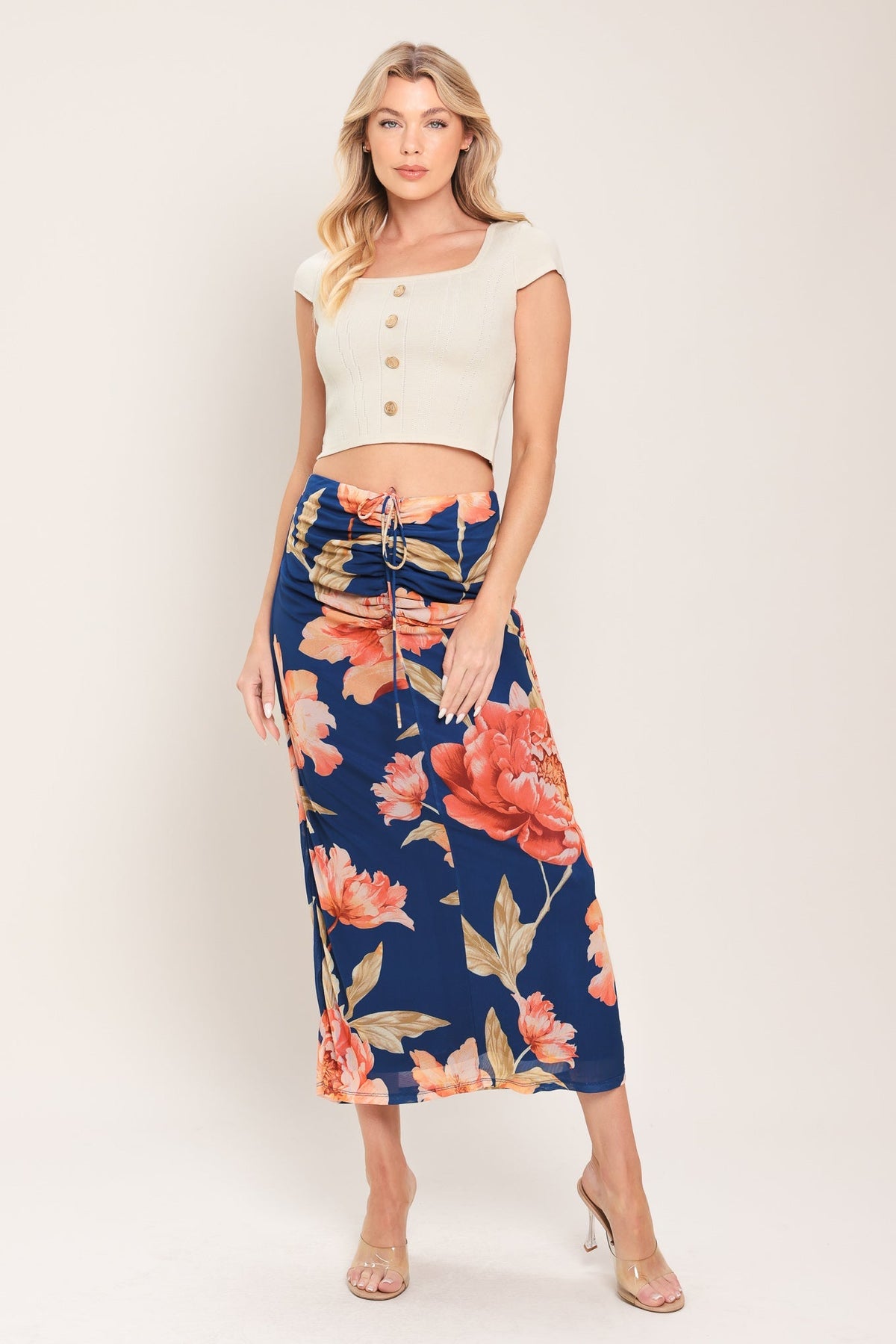 Deep Sea Bloom Power Mesh Midi Skirt