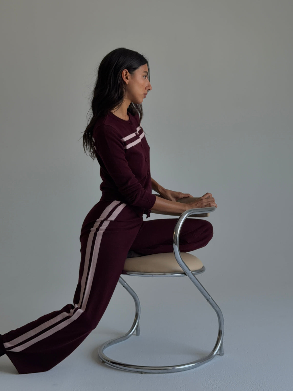 Cashmere Wool Stripe Wide-leg Pant in Raspberry