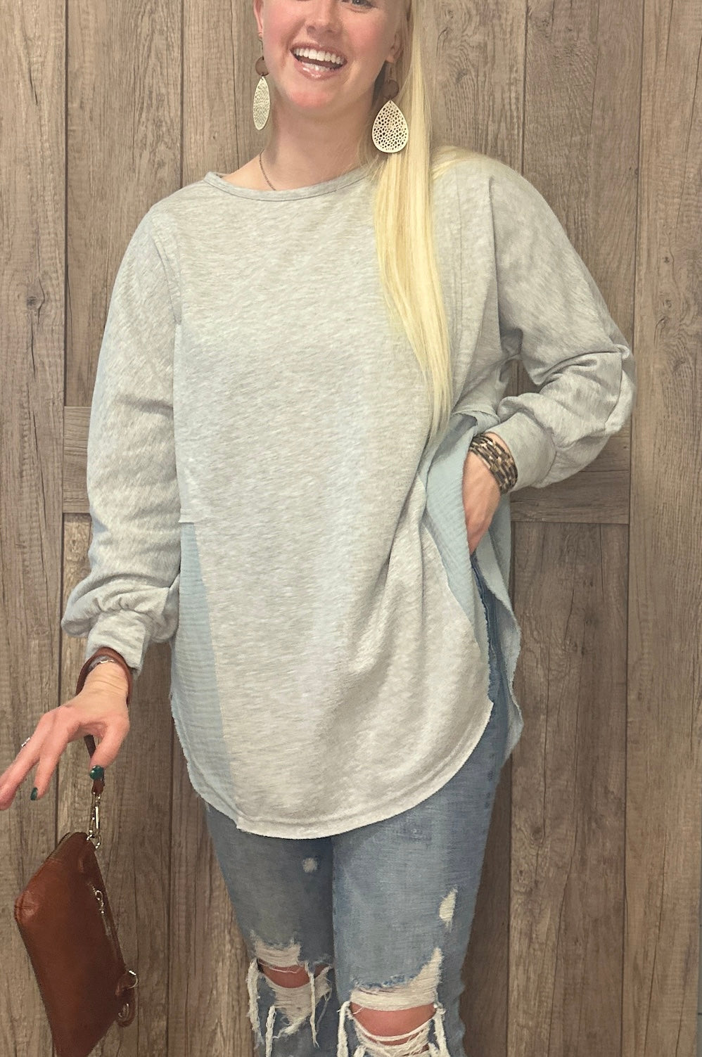 Threaded Pear Dahlia Crinkle Splicing Raw Hem High Low Oversized Blouse