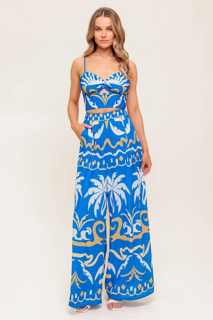 Evening Blue Woven Crop Top and Pant Set