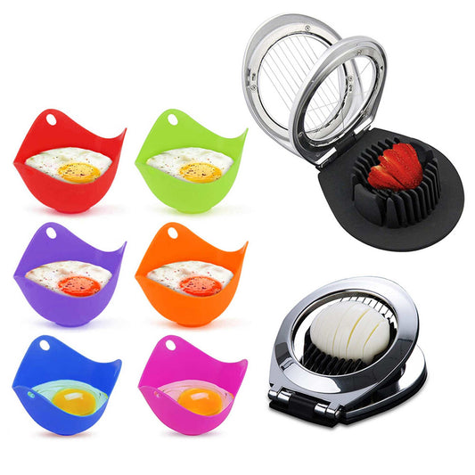 1947Kitchen 7-Pack: Silicone Egg Poaching Cups Set And Stainless Steel Heavy Duty Wire Egg And Fruit Slicer Cutter Chopper Slicer
