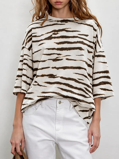 Oversized Drop Shoulder Zebra Print 3/4 Sleeve Casual Tee