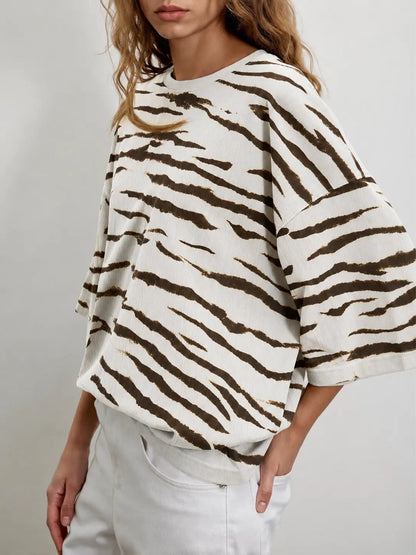 Oversized Drop Shoulder Zebra Print 3/4 Sleeve Casual Tee