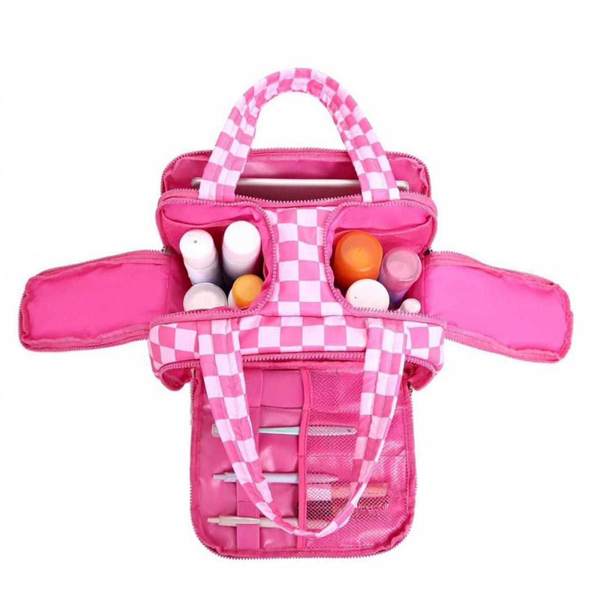 Anna-Kaci Checkered Makeup Brush Storage Bag with Zipper Compartments and Carry Handles