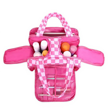 Anna-Kaci Checkered Makeup Brush Storage Bag with Zipper Compartments and Carry Handles