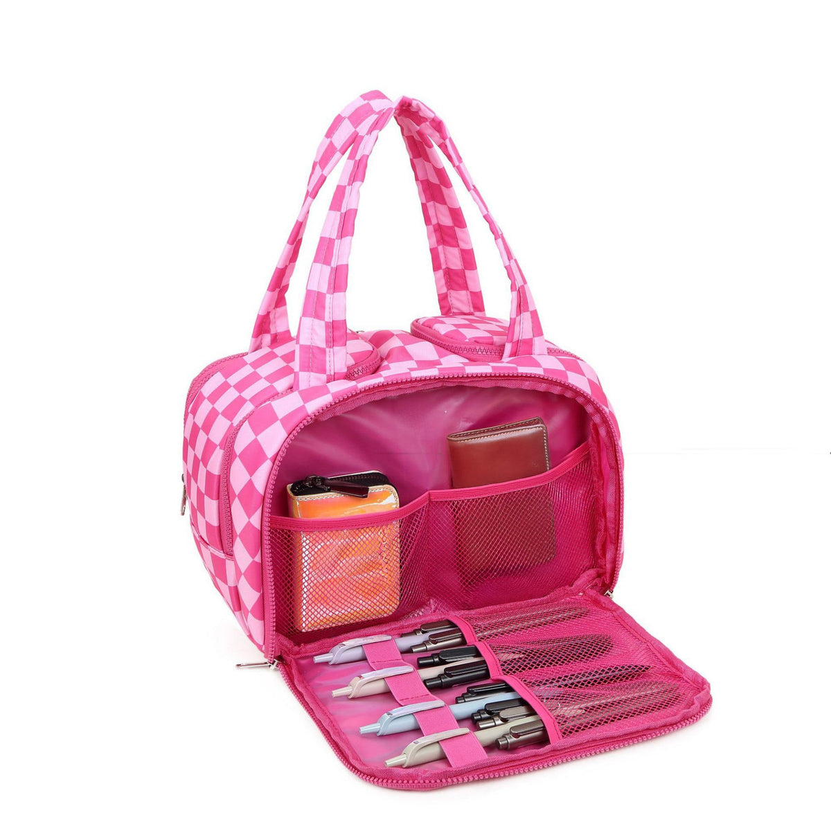 Anna-Kaci Checkered Makeup Brush Storage Bag with Zipper Compartments and Carry Handles