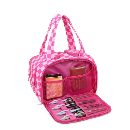 Anna-Kaci Checkered Makeup Brush Storage Bag with Zipper Compartments and Carry Handles