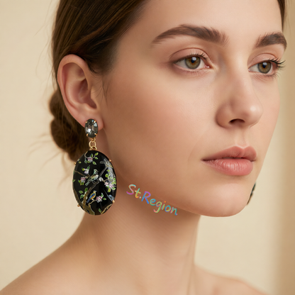 Black Crystal & Goldtone Bird Branch Oval Drop Earrings