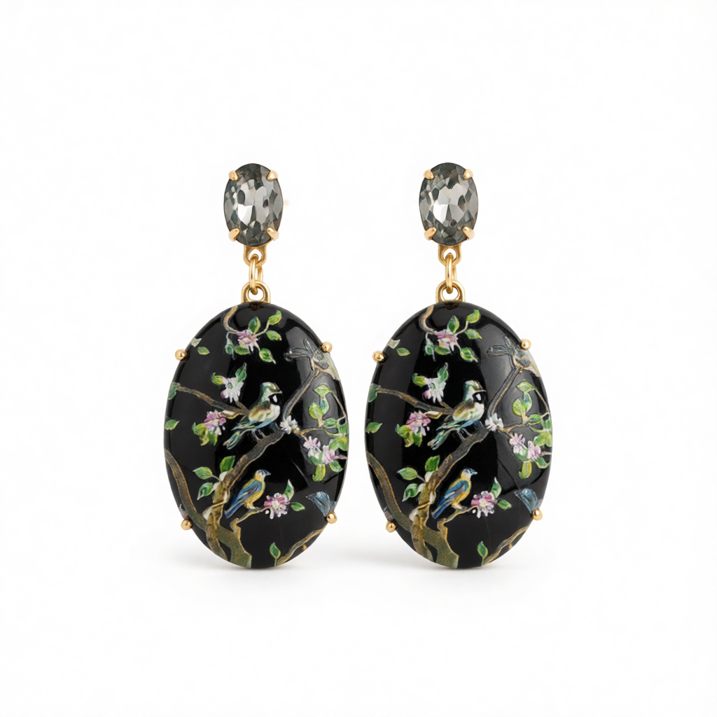 Black Crystal & Goldtone Bird Branch Oval Drop Earrings