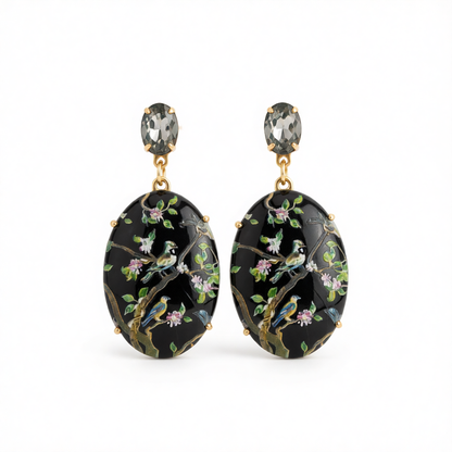 Black Crystal & Goldtone Bird Branch Oval Drop Earrings