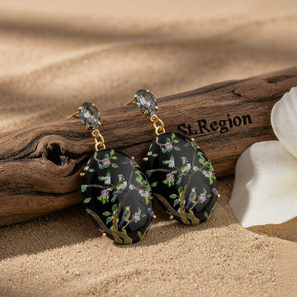 Black Crystal & Goldtone Bird Branch Oval Drop Earrings